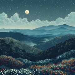 Wall Mural - beautiful jungle landscape nature digital art with moon shining in night scene illustration, night view with colorful cool bluish effect and clouds with dark sky through foggy, greeny mountain range c