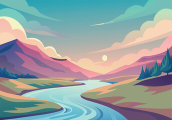 Wall Mural - A beautiful landscape with a river flowing through it