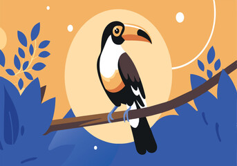 a bird is perched on a branch in a forest