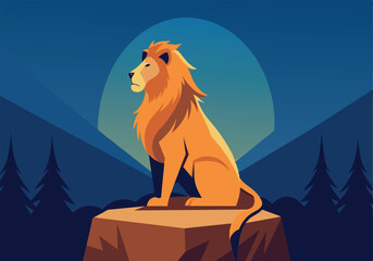 Wall Mural - A lion is sitting on a rock in front of a moon