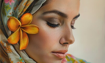 Wall Mural - Closeup portrait of young woman with jasmine flower in her hair