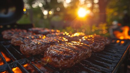 Wall Mural - Close-up of succulent steaks cooking on a grill with open flames and warm sunset light