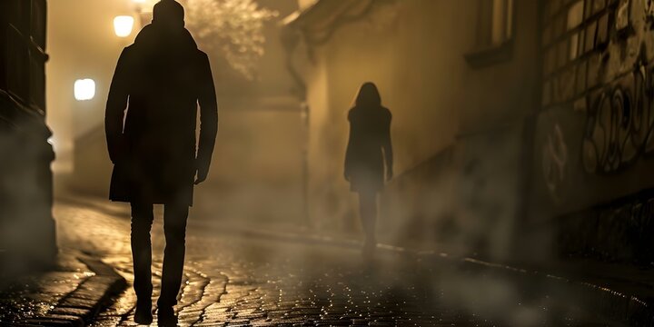A man follows a woman in a dark street creating fear. Concept Thriller, Suspense, Night Photography, Dark Atmosphere, Fearful Expressions