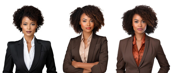 Group of business women, Smiling three African-American businesswomen in suit with trendy look. Isolated on transparent background