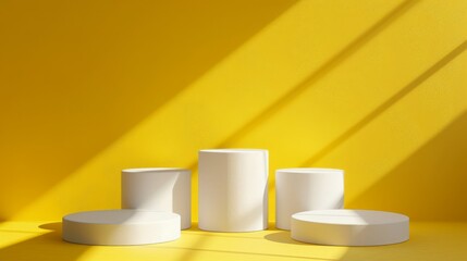 Poster - Five white cylindrical pedestals are arranged on a bright yellow background with diagonal sunlight casting shadows.