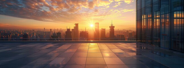 Empty square floor with city skyline background at sunset. High angle view of empty concrete platform and urban landscape with buildings in the distance. Wide panoramic banner for product display