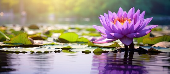 Fototapete - A purple lotus in a serene pond offers a tranquil setting with copy space image.