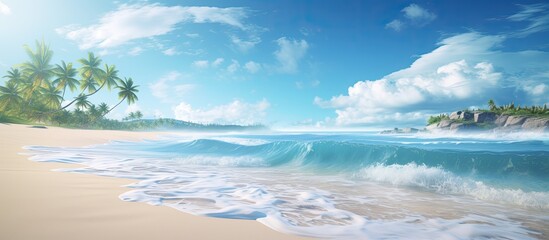 Wall Mural - Tropical beach with waves crashing on the shore creating a vacation atmosphere with a copy space image.