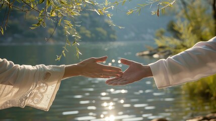 Hands of Salvation. Hands reaching out toward each other over a calm lake or river with sunlight reflecting off the surface.