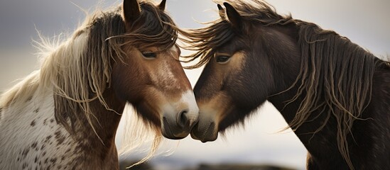 Two horses engaging in mutual grooming with a copy space image.