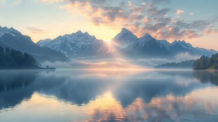 The sky gradually brightened, presenting a faint pink and gold hue. The tranquil lake reflects the shadows of the mountains