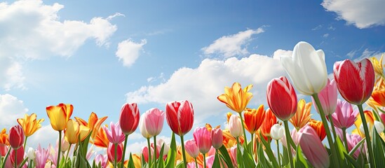 Poster - Spring is when tulips flourish, creating a picturesque scene with their vibrant colors against a backdrop of blue skies and greenery, ideal for a copy space image.