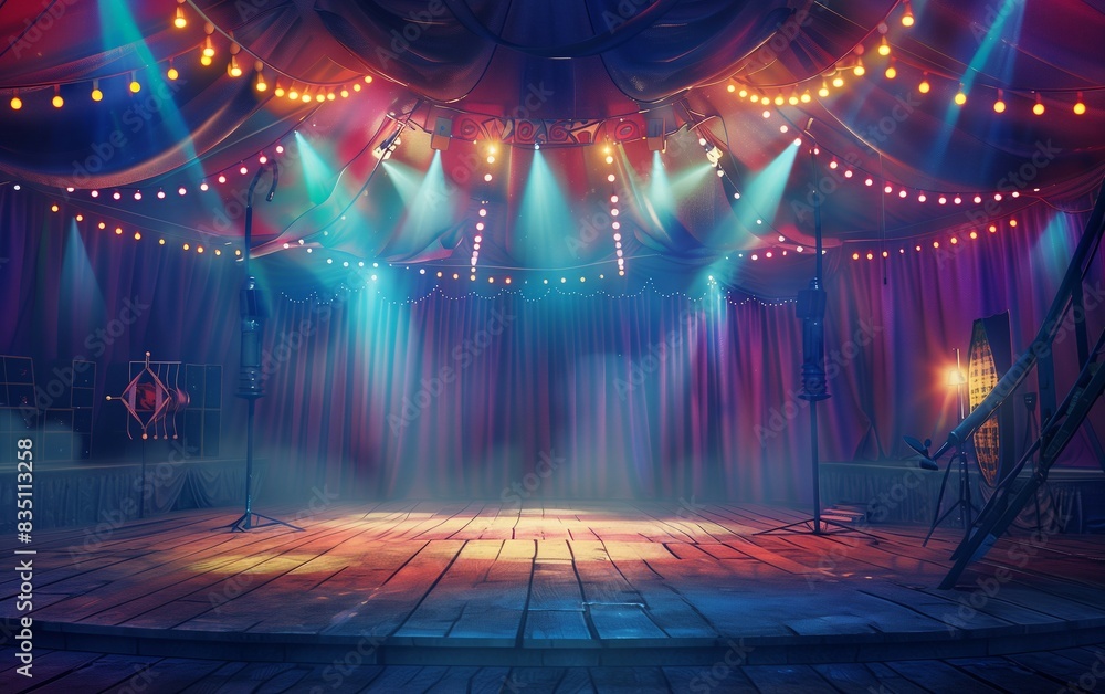 Vibrant stage with colorful lights and curtain,old-fashioned circus ...