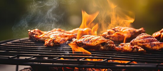 Poster - Grilling BBQ chicken wings in a natural setting with copy space image.