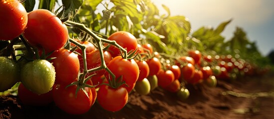 Poster - Partially ripe tomatoes growing in the sun in a small village field, some ready for picking, all organic - depicted in a copy space image.