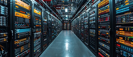Wall Mural - panoramic view of cloud infrastructure showcasing interconnected data centers servers creating expansive secure cloud environment Panorama Stitching RealTime Eye AF capture expansive and vibrant scene