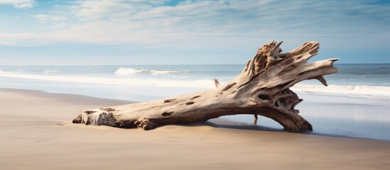 Poster - A weathered tree trunk rests on the sandy shore, with ample copy space image.