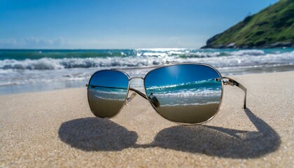 Wall Mural - Sunglasses on a sandy beach with clear blue skies and sparkling ocean waves in the background.