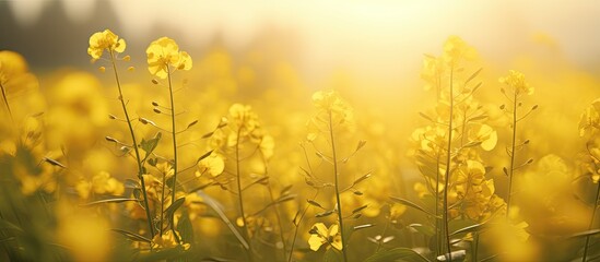 Poster - Golden yellow flowers bloom in the farm fields on a sunny, warm Sunday afternoon, creating a picturesque copy space image.
