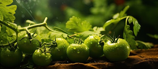 Harvest concept depicted with green organic tomatoes in the garden setting in a copy space image.