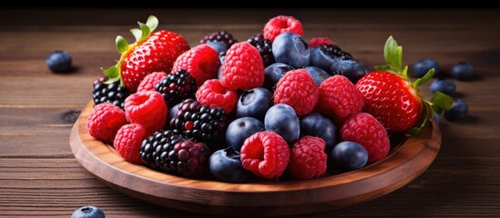 Wooden plate with fresh blueberries, strawberries, and raspberries displayed, with copy space image.