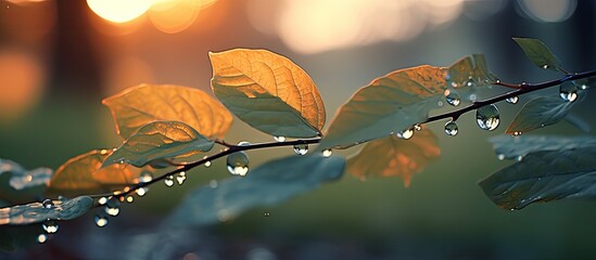 Aufkleber - A sunset illuminating leaves covered in water droplets, creating a picturesque scene with copy space image.