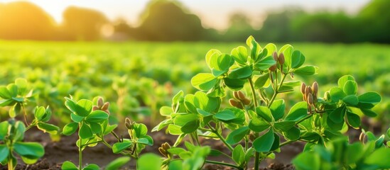 Poster - A scenic view of blooming peanut plants with a background offering empty copy space image.