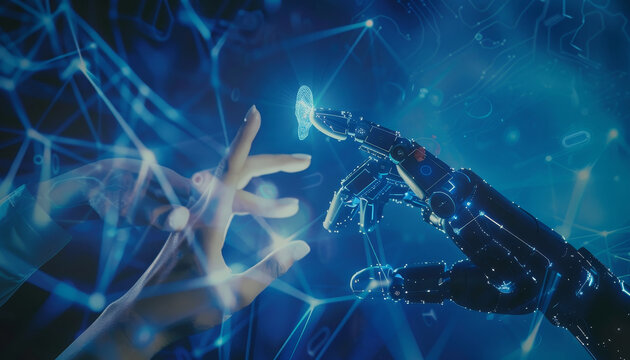 Robotic Hands Reaching Towards Each Other in Futuristic Setting, Concept of Connection by AI generated image