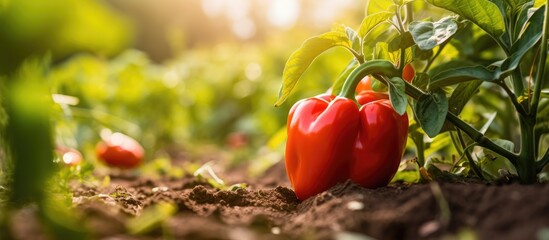 Poster - Close-up shot of a ripe red orange pepper amid a rural garden, with the bright sun in the background and soil scattered on it, indicating a homegrown organic vegetable, with copy space image.