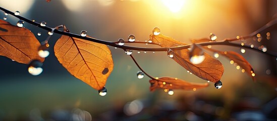 Aufkleber - A sunset illuminating leaves covered in water droplets, creating a picturesque scene with copy space image.