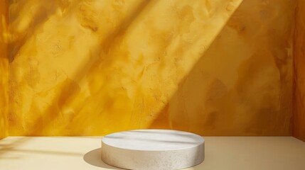 Poster - A round white pedestal is placed against a vibrant yellow wall, bathed in natural sunlight during a summer afternoon.