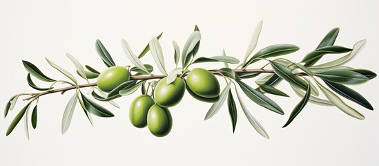 Poster - An olive branch featuring lush leaves, ripe fruit, and set against a white background with copy space image.