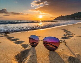Wall Mural - sun glasses on the beach.Close-up of sunglasses on a sandy beach with footprints leading to the shoreline and a vibrant sunset in the background