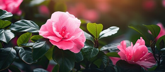 Poster - A flower showcasing vibrant pink petals against lush green leaves, with a blank space for additional text or images in the background.