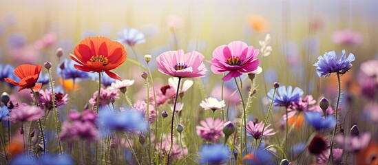 Poster - Colorful wildflowers bloom in a spring meadow, creating a vibrant background for a copy space image.