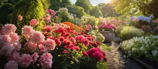 Summer garden filled with blooming flowers in a picturesque setting with ample copy space image.