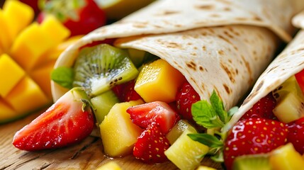 Fresh Fruit Burritos: Sweet Burritos with colorful fresh fruits such as yellow mangoes red strawberry and green kiwi 