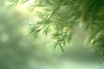 Poster - Close-up of delicate green foliage with soft background light, creating a serene and natural ambiance perfect for nature-themed designs.