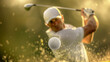 © Rivet Render - Close-up on a golf ball flying with a pro golfer on the background