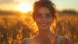 © Kushch - Woman on a grass field against the sunset sky.