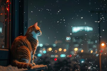 A ginger cat sits by the window watching snowflakes fall, city lights glowing in the background, creating a cozy winter evening atmosphere.