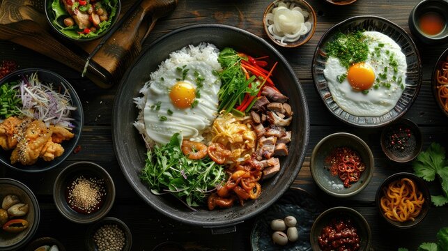 A beautifully arranged assortment of traditional Korean dishes with vibrant colors and fresh ingredients.