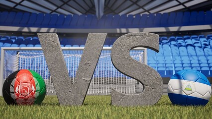 A soccer match between Afghanistan and Nicaragua is symbolized by two soccer balls with their national flags and a large vs on a stadium field