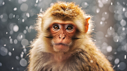 Wall Mural - Curious monkey experiencing a snowy winter day
