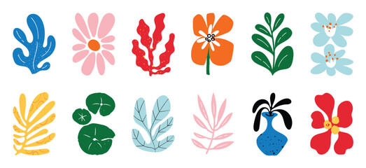 botanical doodle background art vector set. flower and leaves abstract shape doodle art design for p