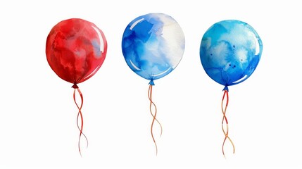 Watercolor illustration of three balloons in red, white, and blue on a white background, perfect for festive and celebratory themes.