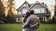 © OpticalDesign - Young couple hugging looking at their newly purchased home, real estate concept, suburban home, new house property, buying and investing in their dream home, purchase hd