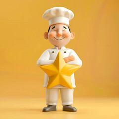 Restaurant and food rating review concept, yellow star and chef behind, feedback and review scores from customers come to use the service, success in business