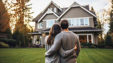 young couple hugging looking at their newly purchased home, real estate concept, suburban home, new 