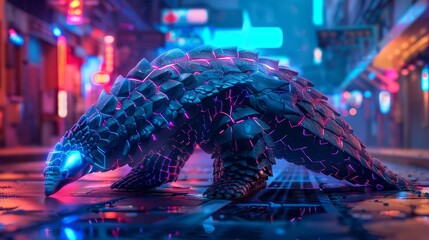 Wall Mural - Digital of a pangolin-like creature evolving into a futuristic,robotic form amidst a vibrant,neon-lit cityscape,showcasing the intersection of nature and technology.